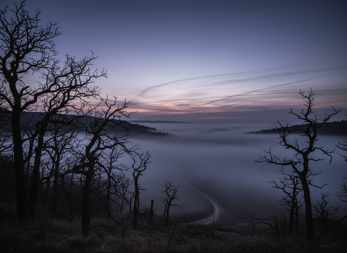 Dark silhouettes of bare trees against a misty twilight sky