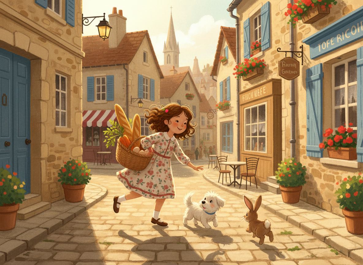 A whimsical storybook illustration of a little girl walking on a sunny French village cobblestone street. She has a small fluffy white dog walking beside her and a rabbit hopping alongside them. The girl carries a wicker basket on her arm filled with a baguette sticking out the top, fresh carrots with leafy green tops, and a few eggs. Warm golden afternoon light, charming French village stone buildings in the background, painterly and charming children's book style.
